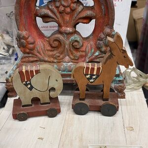 Folk Art Wooden Elephant and Donkey Political Figurines - Red, White , Blue